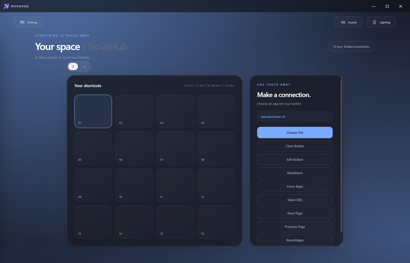 NovaHub shortcut grid and button configuration panel